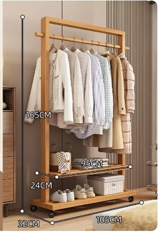 Popular floor-standing solid wood coat rack (high-end wheeled model - wood color 105CM)