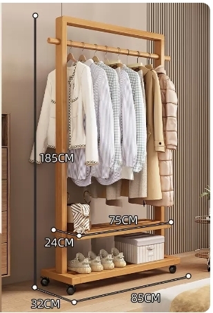 Popular floor-standing solid wood coat rack (high-end wheeled and elevated model - solid wood color 85CM)