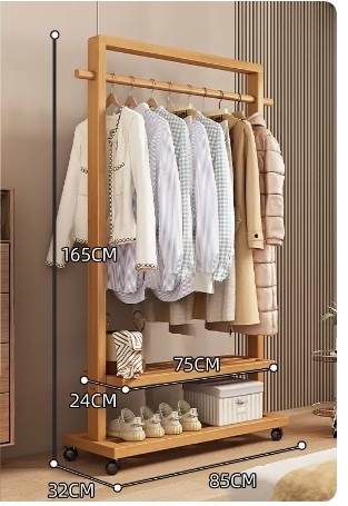 Popular floor-standing solid wood coat rack (high-end wheeled model - solid wood color 85CM)