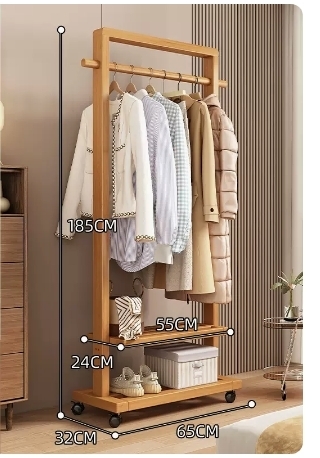 Popular floor-standing solid wood coat rack (high-end wheeled and elevated model - solid wood color 65CM)