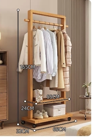 Popular floor-standing solid wood coat rack (high-end wheeled model - solid wood color 65CM)