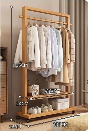 Popular floor-standing solid wood coat rack (high-end wheeled and elevated model - solid wood color 105CM)