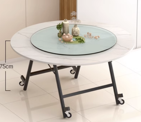 Popular movable folding glass turntable round dining table (white marble pattern) (size: 1.6m round table + 1.1m turntable, height 75CM)