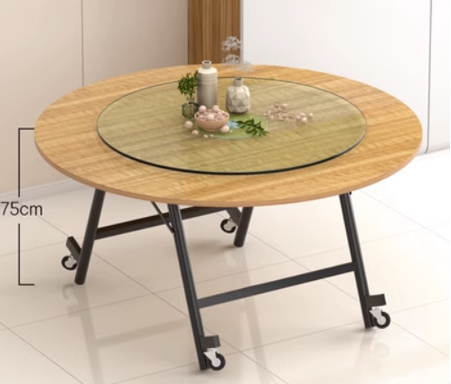 Popular removable folding glass turntable round dining table (light wood grain) (size: 1.6m round table + 1.1m turntable, height 75CM)