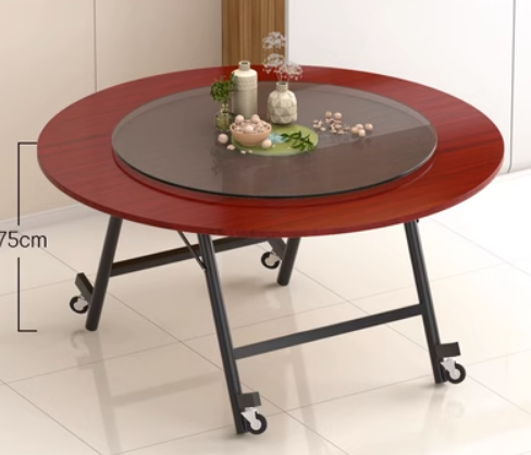 Popular movable folding glass turntable round dining table (red walnut) (size: 1.6m round table + 1.1m turntable, height 75CM)