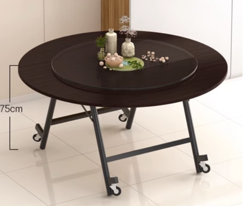 Popular removable folding glass turntable round dining table (black walnut color) (size: 1.8m round table + 1.2m turntable, height 75CM)
