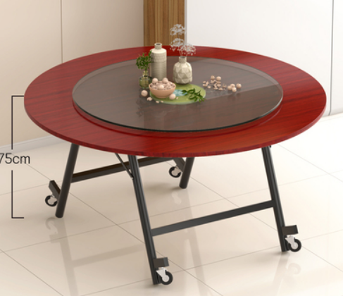 Popular movable folding glass turntable round dining table (red walnut color) (size: 1.8m round table + 1.2m turntable, height 75CM)
