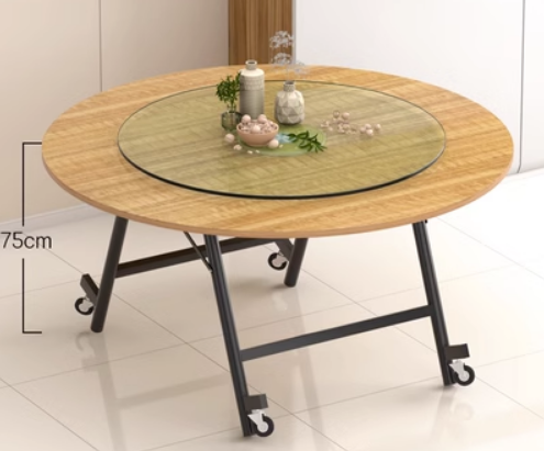 Popular removable folding glass turntable round dining table (light wood grain) (size: 1.8m round table + 1.2m turntable, height 75CM)