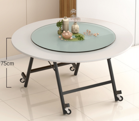 Popular removable folding glass turntable round dining table (gray white) (size: 1.8m round table + 1.2m turntable, height 75CM)