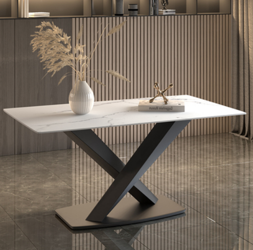 Popular light luxury style simple rectangular slate dining table (Snow Mountain White/X Legs/Straight Side) (Size: 80*140CM)