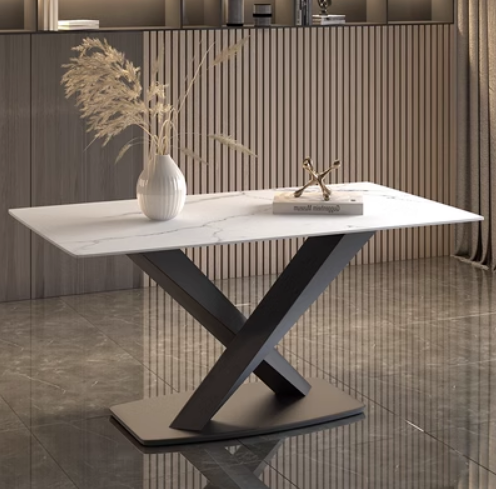 Popular light luxury style simple rectangular slate dining table (Snow Mountain White/X Legs/Straight Side) (Size: 70*130CM)
