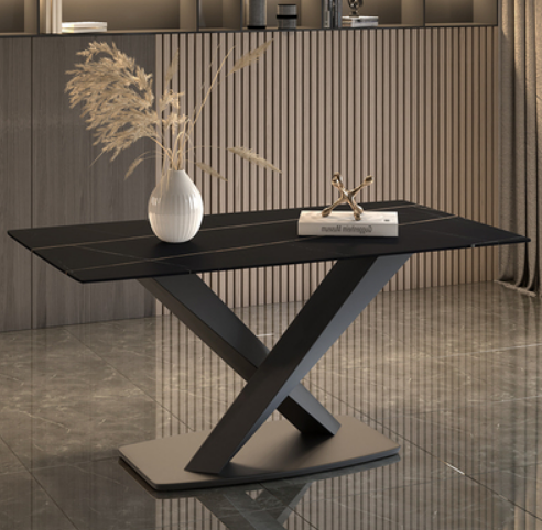 Popular light luxury style simple rectangular slate dining table (Lauren black gold/X leg/straight edge) (size: 80*140CM)