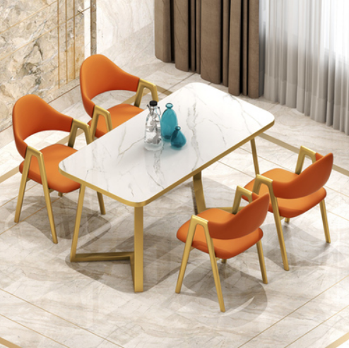 Popular style (4 chairs + 1 square table) light luxury modern simple dining table and chair combination (orange Napa leather chair) (size: table 60*120*75CM/chair 49*40*80CM)
