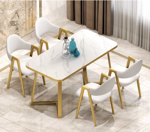 Popular model (4 chairs + 1 square table) light luxury modern simple dining table and chair combination (white Napa leather chair) (size: table 60*120*75CM/chair 49*40*80CM)
