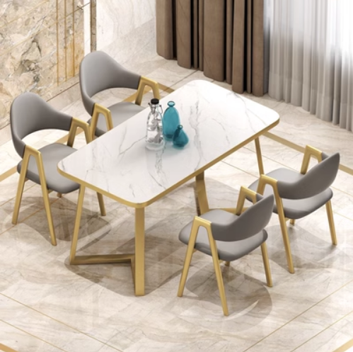 Popular style (4 chairs + 1 square table) light luxury modern simple dining table and chair combination (gray Nappa leather chair) (size: table 60*120*75CM/chair 49*40*80CM)