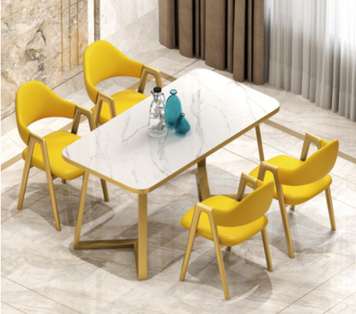 Hot style (4 chairs + 1 square table) light luxury modern simple dining table and chair combination (yellow leather chair) (size: table 60*120*75CM/chair 49*40*80CM)