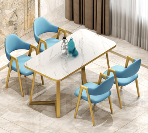 Hot style (4 chairs + 1 square table) light luxury modern simple dining table and chair combination (blue leather chair) (size: table 60*120*75CM/chair 49*40*80CM)