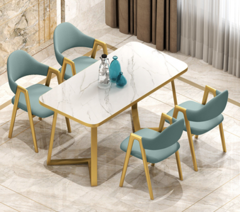 Popular style (4 chairs + 1 square table) light luxury modern simple dining table and chair combination (green linen chair) (size: table 60*120*75CM/chair 49*40*80CM)