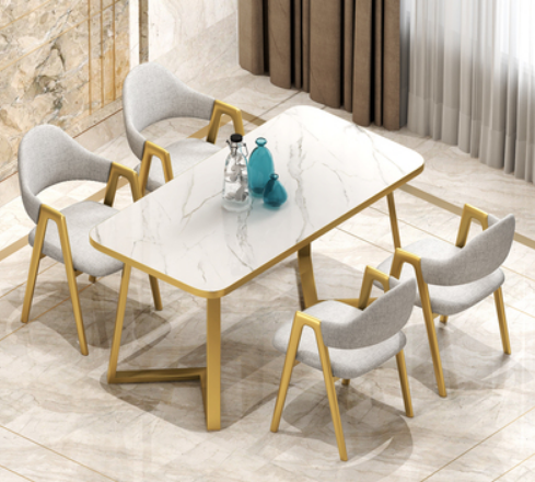 Popular style (4 chairs + 1 square table) light luxury modern simple dining table and chair combination (grey and white linen chairs) (size: table 60*120*75CM/chair 49*40*80CM)