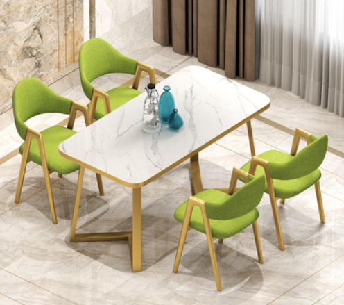 Popular style (4 chairs + 1 square table) light luxury modern simple dining table and chair combination (light green linen chair) (size: table 60*120*75CM/chair 49*40*80CM)