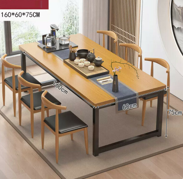 Hot style simple dining table (5cm thickened table - silver oak color) [one table and six chairs] [size: length 160*width 60*height 75cm]