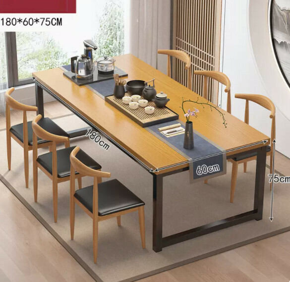 Hot style simple dining table (5cm thickened table - silver oak color) [one table and six chairs] [size: length 180*width 60*height 75cm]