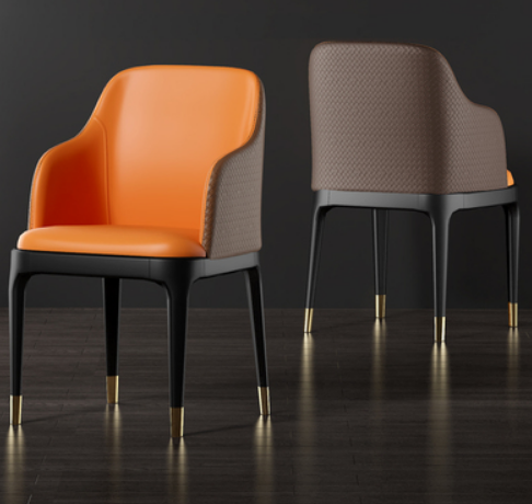 New Nordic style light luxury backrest armrest dining chair (orange brown/woven textured leather/gold-plated chair legs) (size: length 52CM*width 43.5CM*height 80CM)