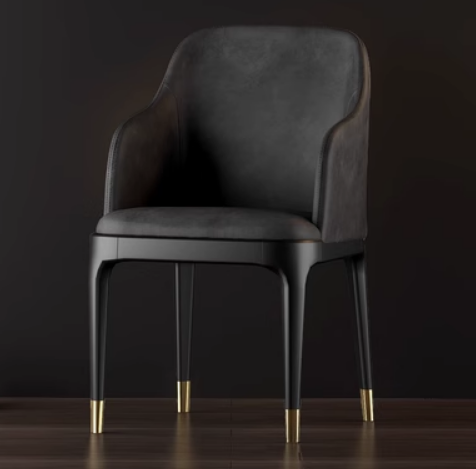 New Nordic style light luxury backrest armrest dining chair (black/imitation leather technical cloth/gold-plated chair legs) (size: length 52CM*width 43.5CM*height 80CM)