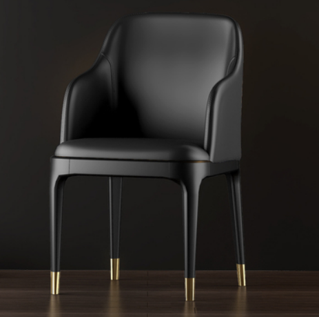 New Nordic style light luxury back armrest dining chair (black/wear-resistant and scratch-resistant leather/gold-plated legs) (size: length 52CM*width 43.5CM*height 80CM)