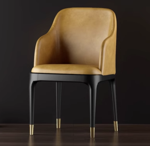 New Nordic style light luxury backrest armrest dining chair (light brown/wear-resistant and scratch-resistant leather/gold-plated legs) (size: length 52CM*width 43.5CM*height 80CM)