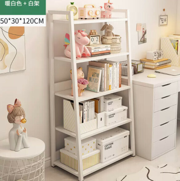 Popular trapezoidal bookshelf (50cm five layers-warm white + white shelf)