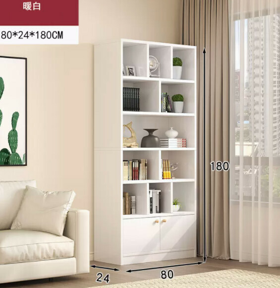 Popular simple bookshelf (two-door model with multiple compartments for storage - warm white 80cm)