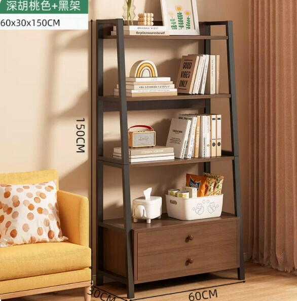 Popular trapezoidal bookshelf (double drawer model-dark walnut color 60×30×150cm)