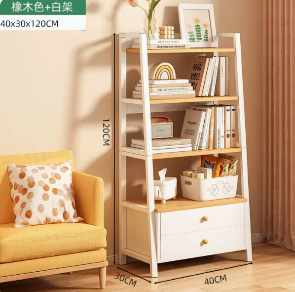 Popular trapezoidal bookshelf (double drawer type-oak+white 40×30×120cm)