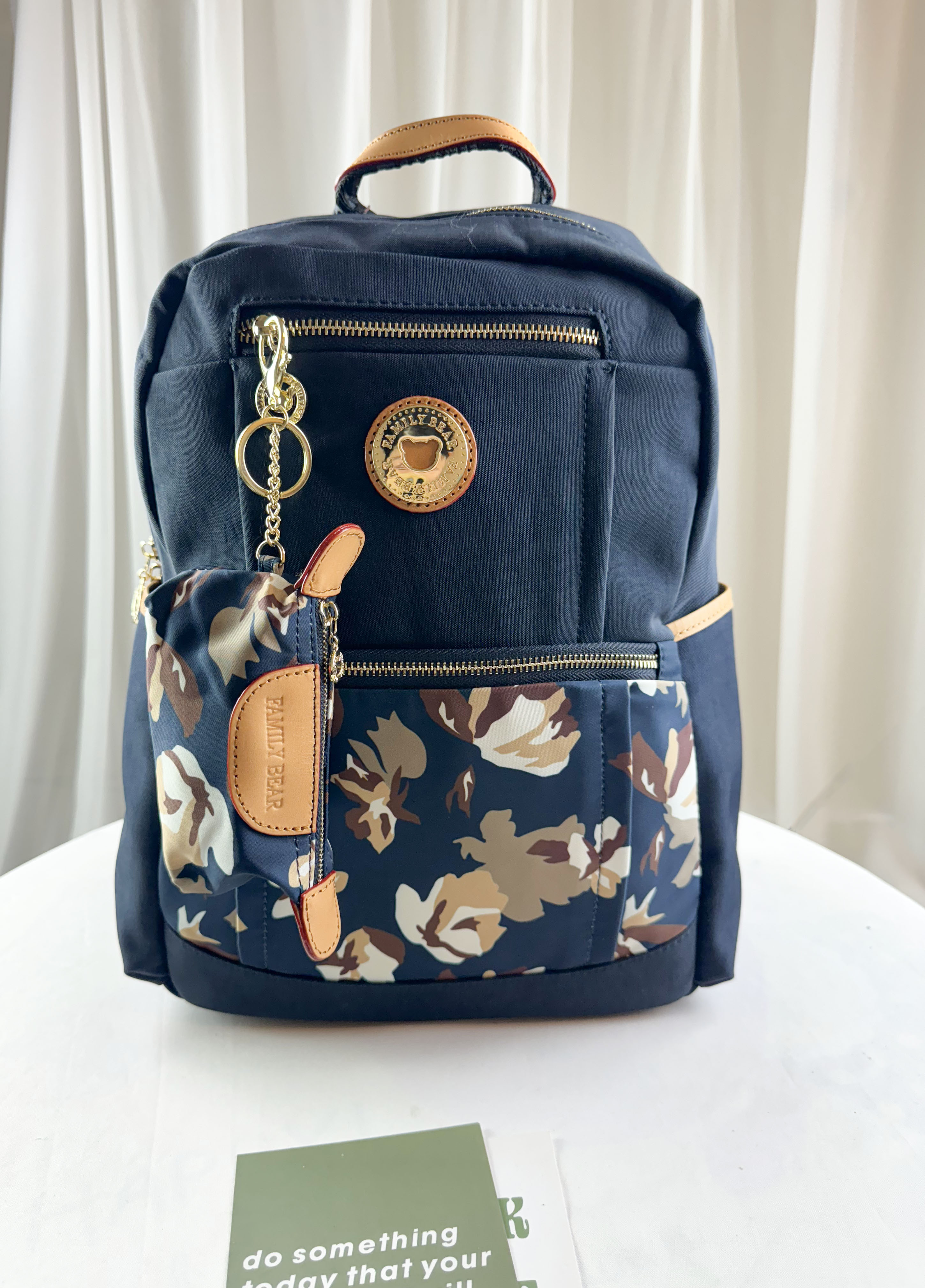 FamilyBear 蝴蝶花拼接藍防潑水防盜後背包  附零錢包  #2848