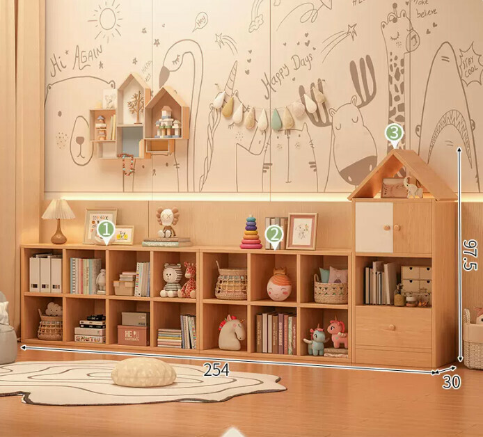爆款兒童書架（小房子+六格+八格原木色(組合款)）