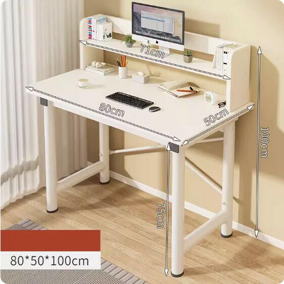 Hot recommended simple computer desk ([30mm round tube] warm white + white shelf + bookshelf) [size: 80*50cm]