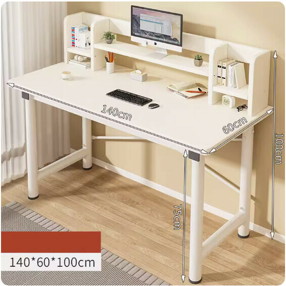 Hot recommended simple computer desk ([30mm round tube] warm white + white shelf + bookshelf) [size: 140*60cm]