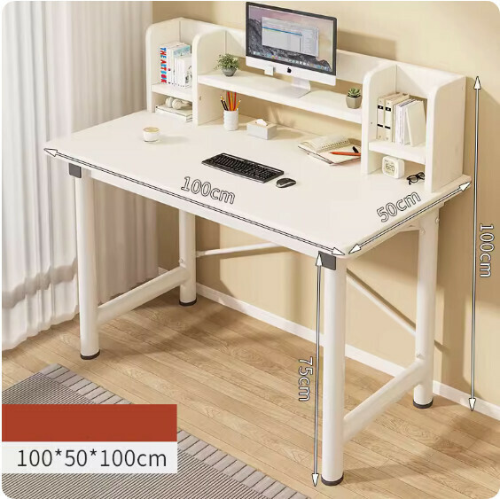 Hot recommended simple computer desk ([30mm round tube] warm white + white shelf + bookshelf) [size: 100*50cm]