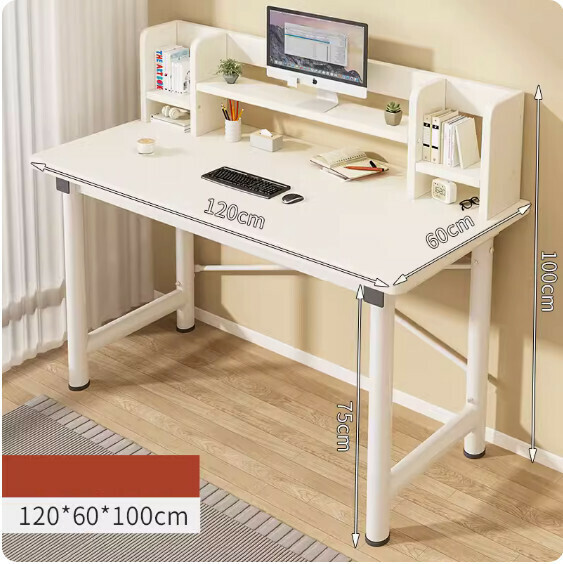 Hot recommended simple computer desk ([30mm round tube] warm white + white shelf + bookshelf) [size: 120*60cm]