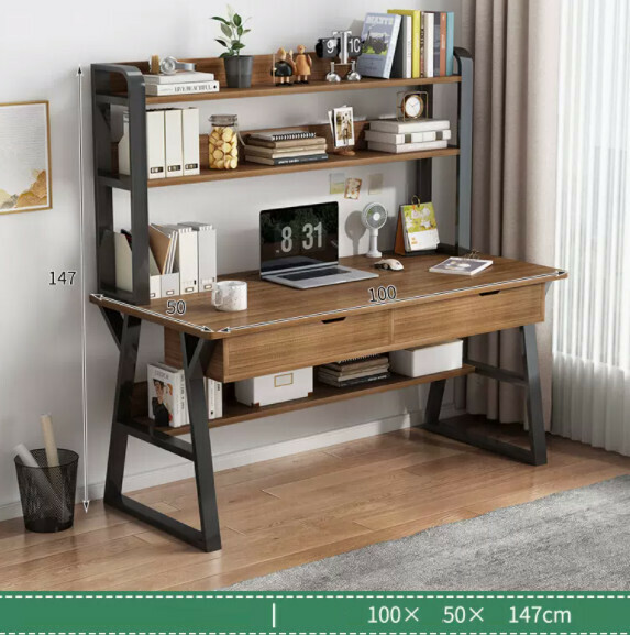 Hot recommended desktop computer desk (double-layered double-drawn black frame + black oak color) [size: length 100*width 50*height 147cm]