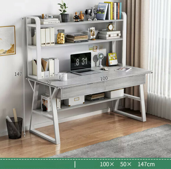 Hot recommended desktop computer desk (double-layered double-drawn white frame + Morandi gray) [size: length 140*width 60*height 147cm]