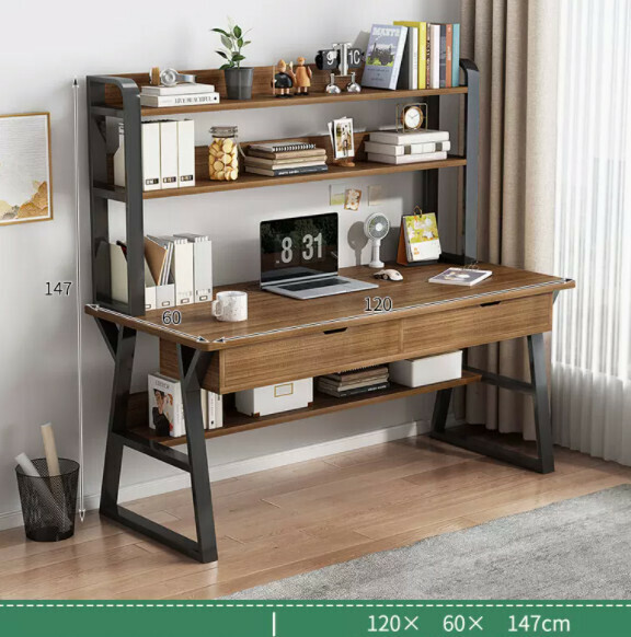 Hot recommended desktop computer desk (double-layered double-drawn black frame + brushed black oak color) [size: length 120*width 60*height 147cm]