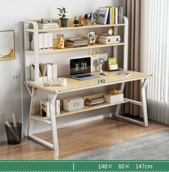 Hot recommended desktop computer desk (double-layer white frame + white shank wood color) [size: length 140*width 60*height 147cm]
