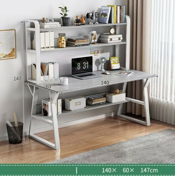 Hot recommended desktop computer desk (double-layer white frame + Morandi gray) [size: length 140*width 60*height 147cm]