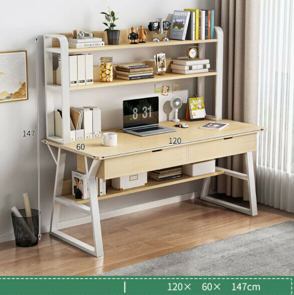Hot recommended desktop computer desk (double-layered double-drawn white frame + white shank wood color) [size: length 120*width 60*height 147cm]