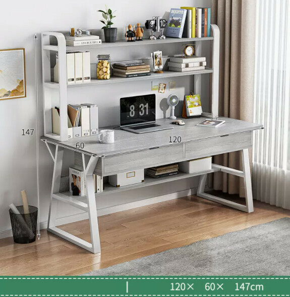 Hot recommended desktop computer desk (double-layered double-drawn white frame + Morandi gray) [size: length 120*width 60*height 147cm]