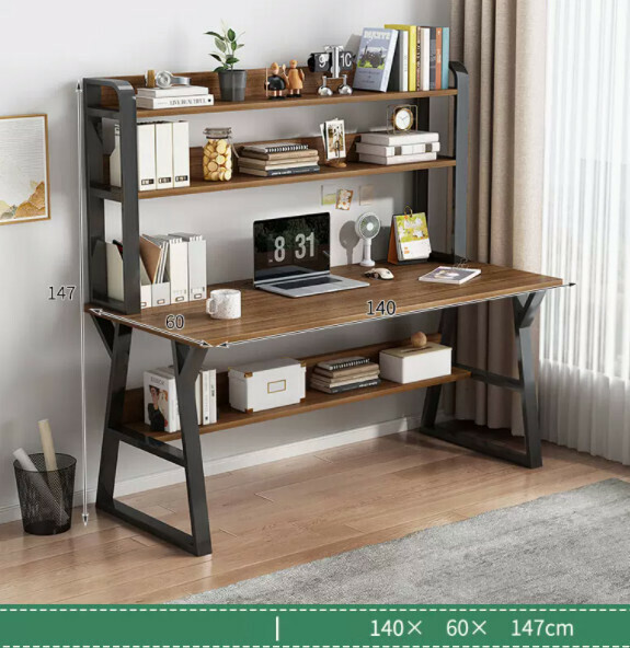 Hot recommended desktop computer desk (double-layer black frame + brushed black oak color) [size: length 140*width 60*height 147cm]