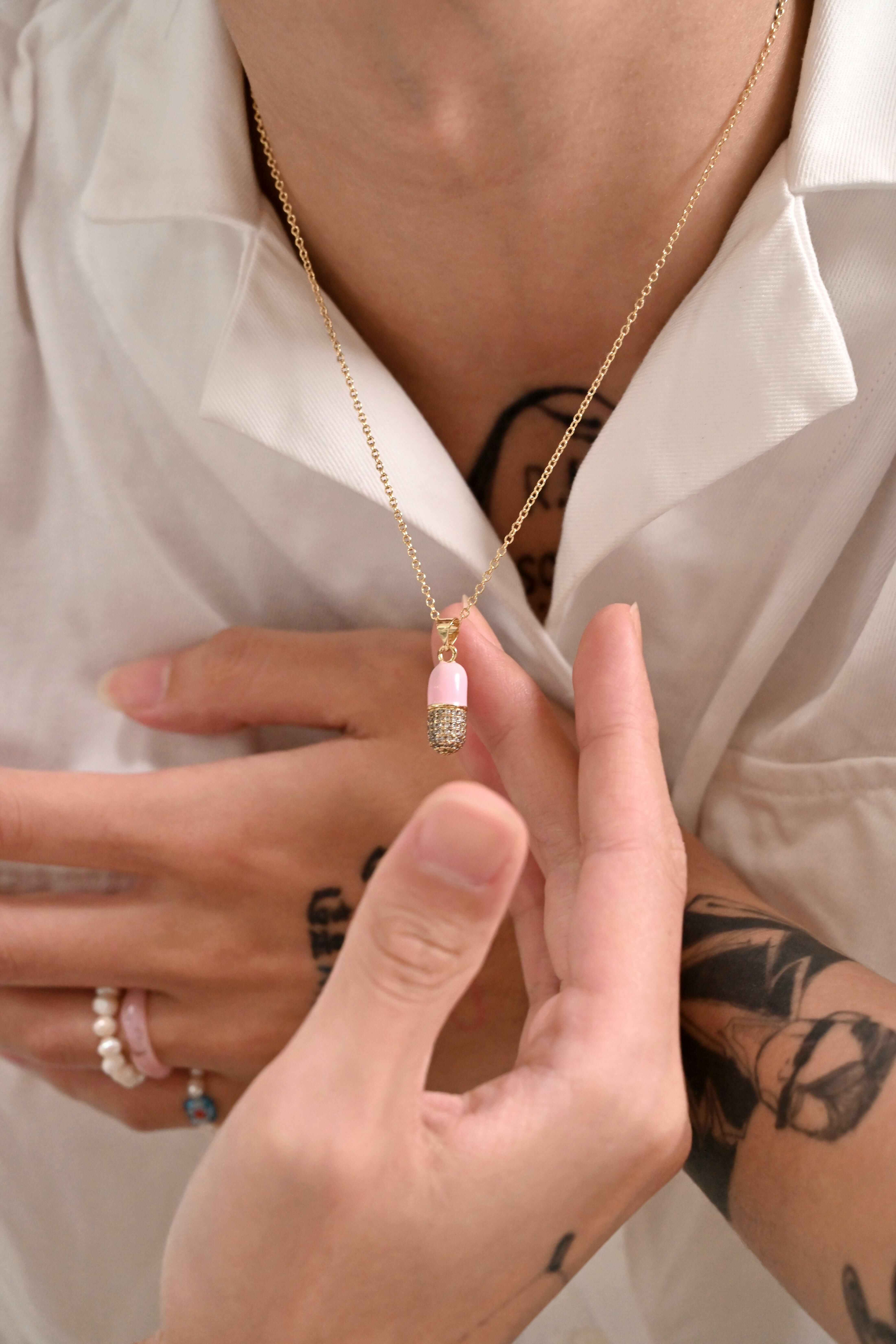 【現貨】COCO, JASMINE 鋯石藥丸項鍊 粉色 NM0116