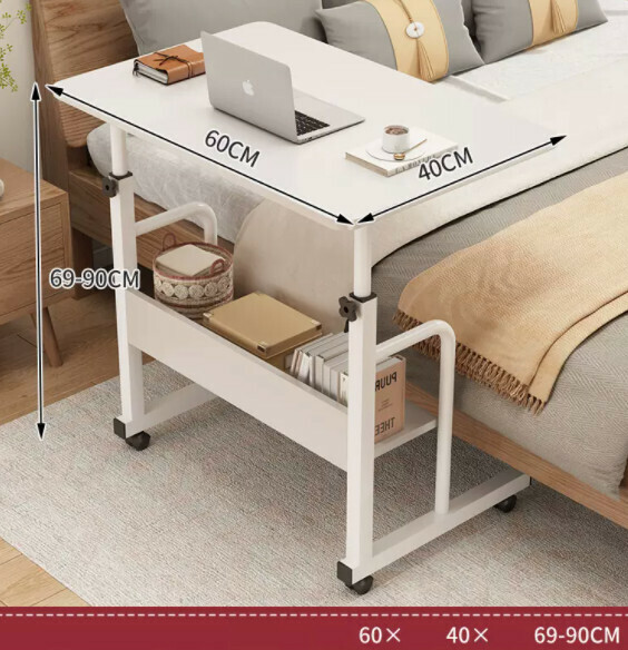 Hot push liftable mobile computer desk (double layer - warm white) [size: length 60*width 40*height 69-90cm]